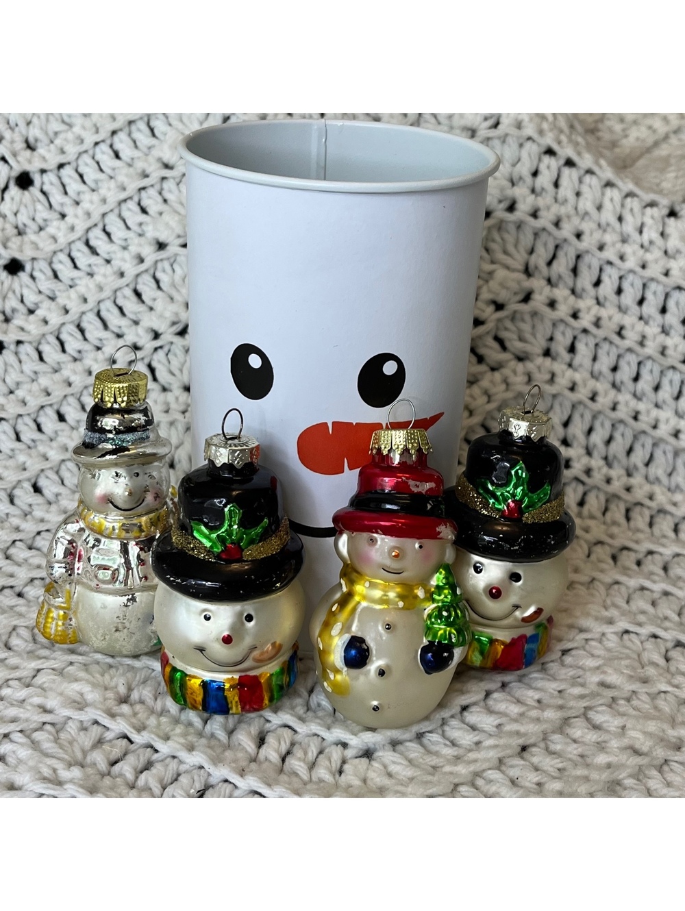 Vintage Glass Christmas Snowmen Ornaments Set of 4 + Gift Container